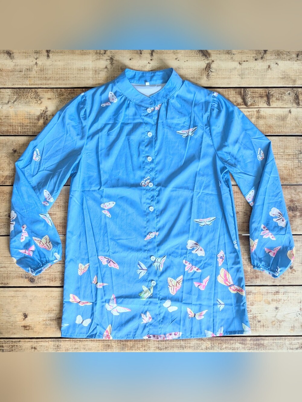 Romantic Cottagecore Butterfly Mandarin Collar Tunic Blouse Long Sleeve S